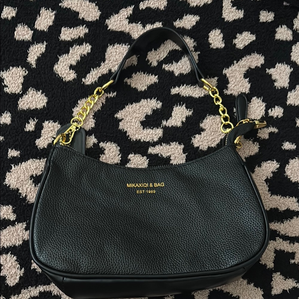 Mika Yoga Wear Black and Gold Shoulder Bag with Chain Hardware